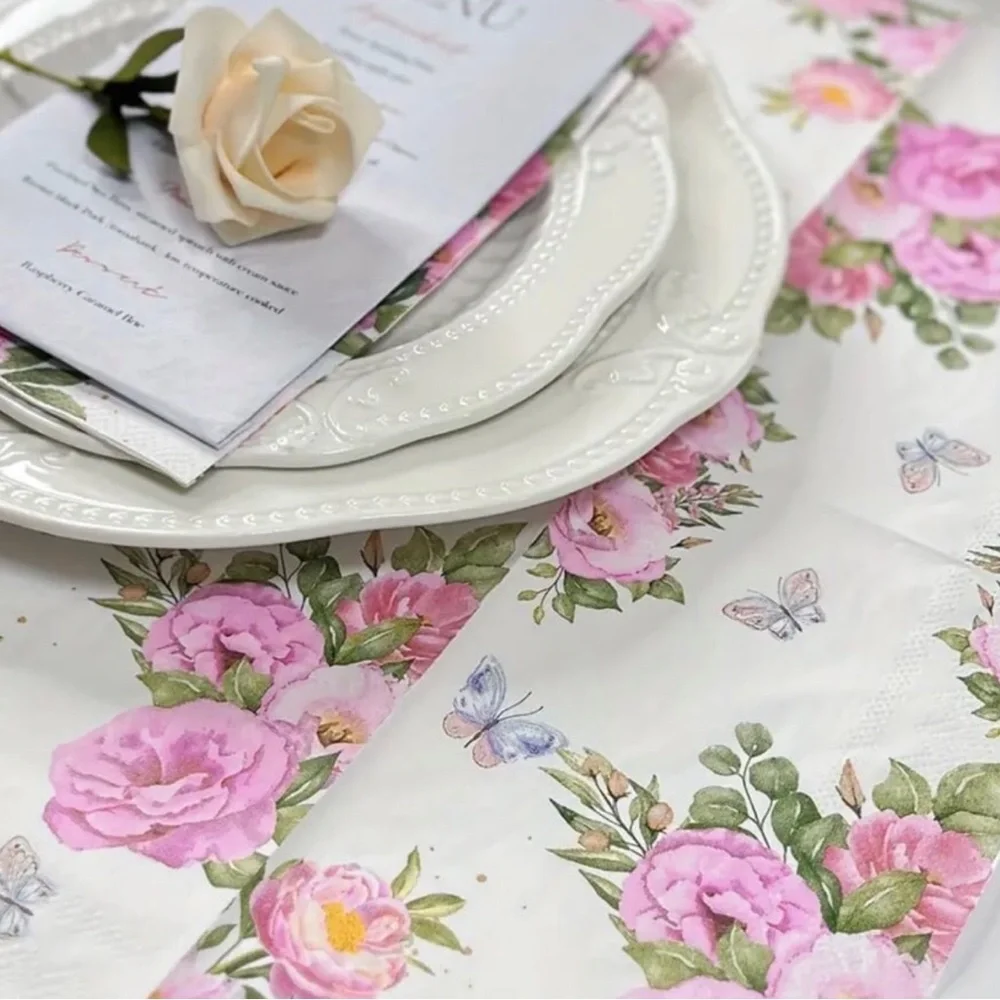 Spring Pink Flower & Butterflies Shower Paper Guest Towel Dinner Napkins, 20 ct